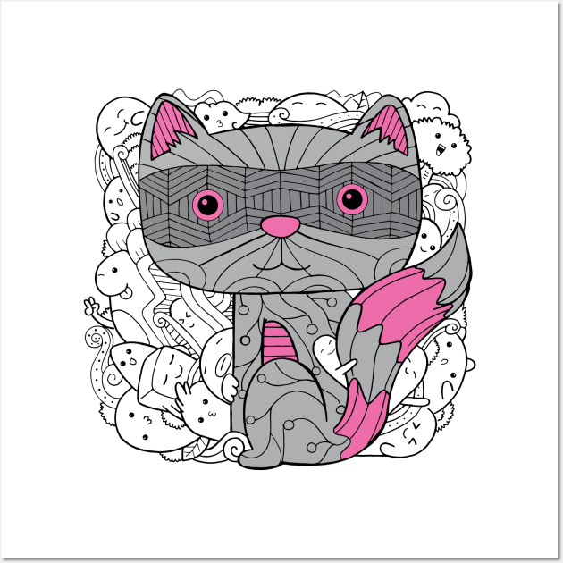 Doodle Raccoon Dark Grey Pink Colour with Doodle Background Wall Art by ActivLife